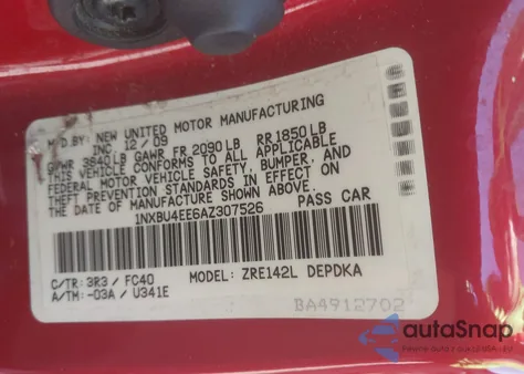 2010 Toyota Corolla Le из США, поврежденный, VIN 1NXBU4EE6AZ307526